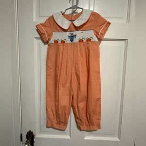 4T Smocked Fall Halloween Thanksgiving Scarecrow Collared Romper One Piece